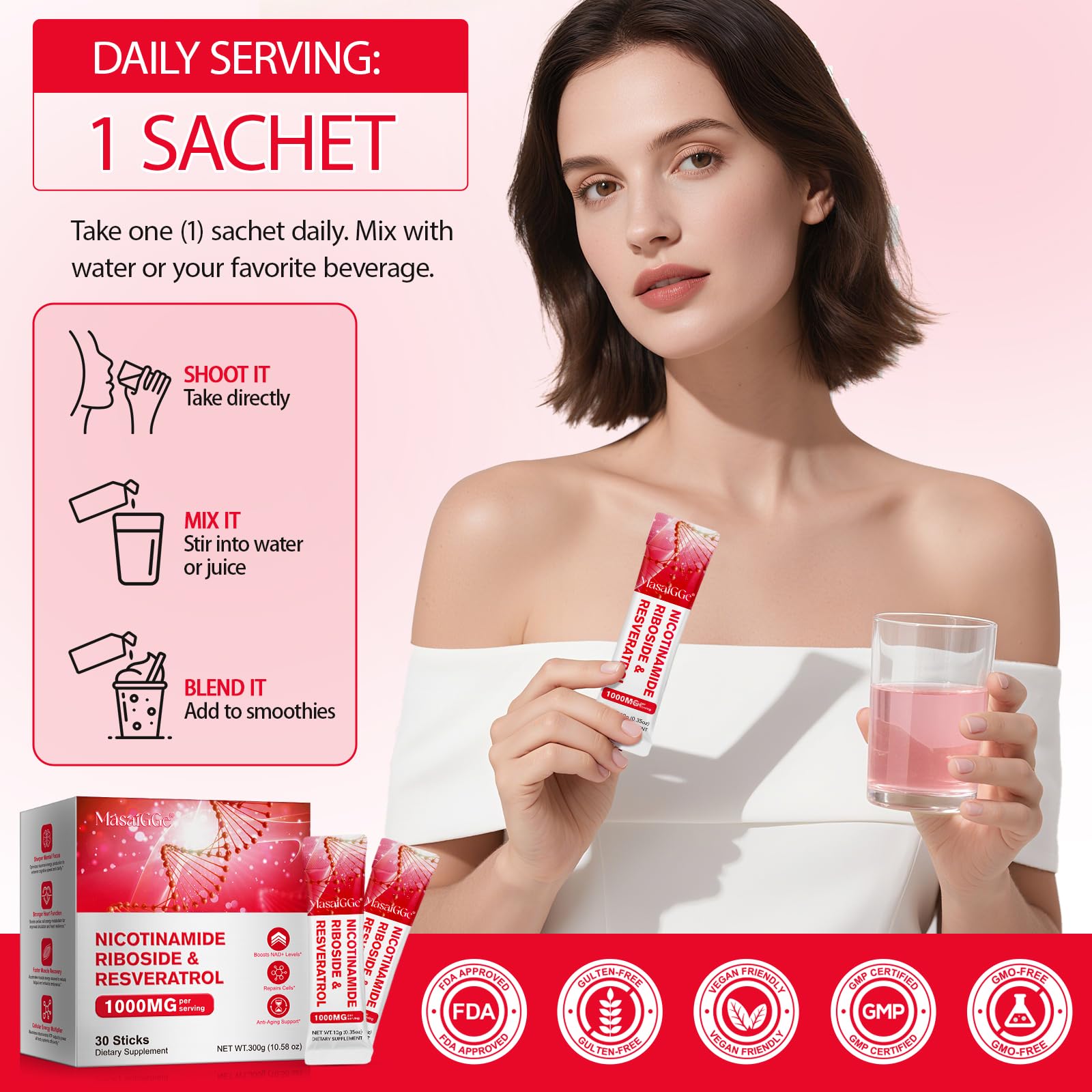 Woman using Leeylitdrag NAD liquid in daily wellness routine.