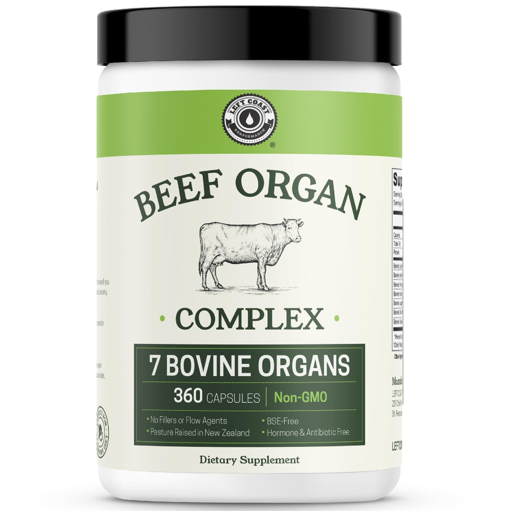 Left Coast Performance Beef Organ Complex bottle on a clean desk for daily carnivore routines.