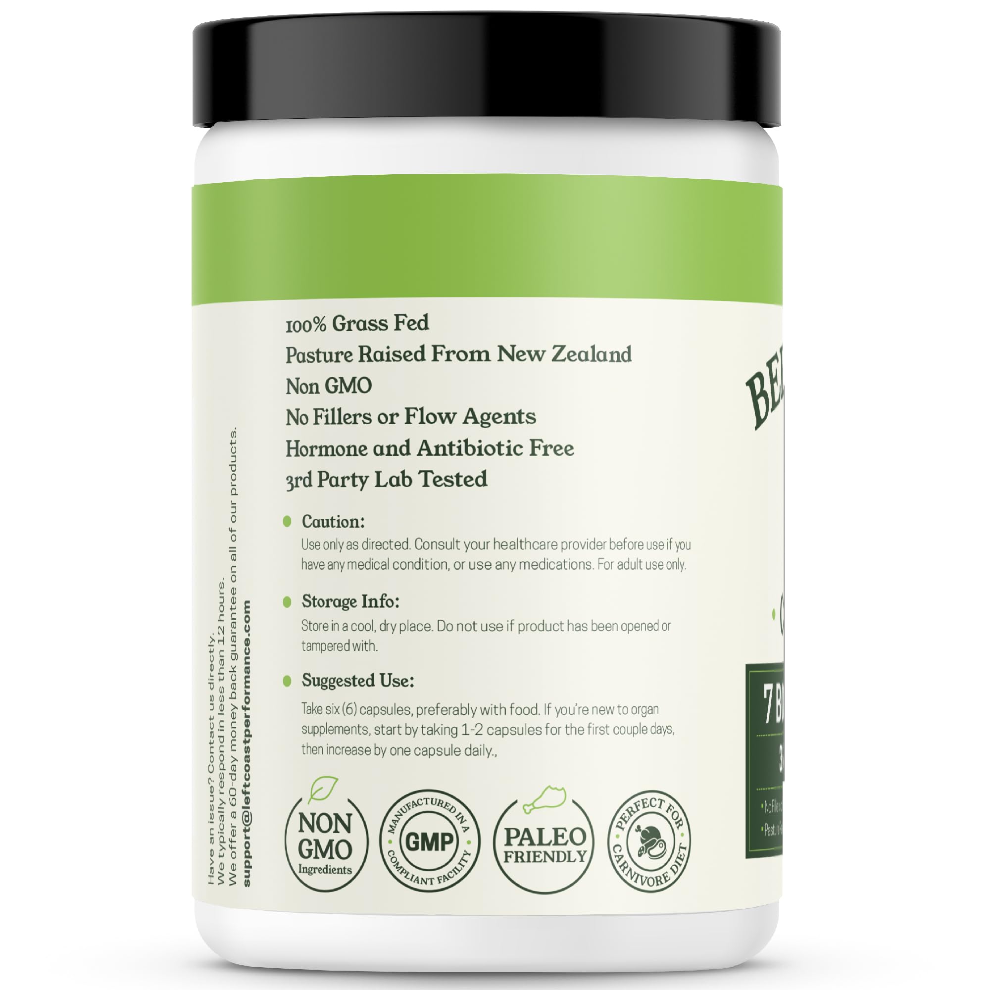 Left Coast Performance NZ-sourced seven-organs blend bottle communicates quality and variety.