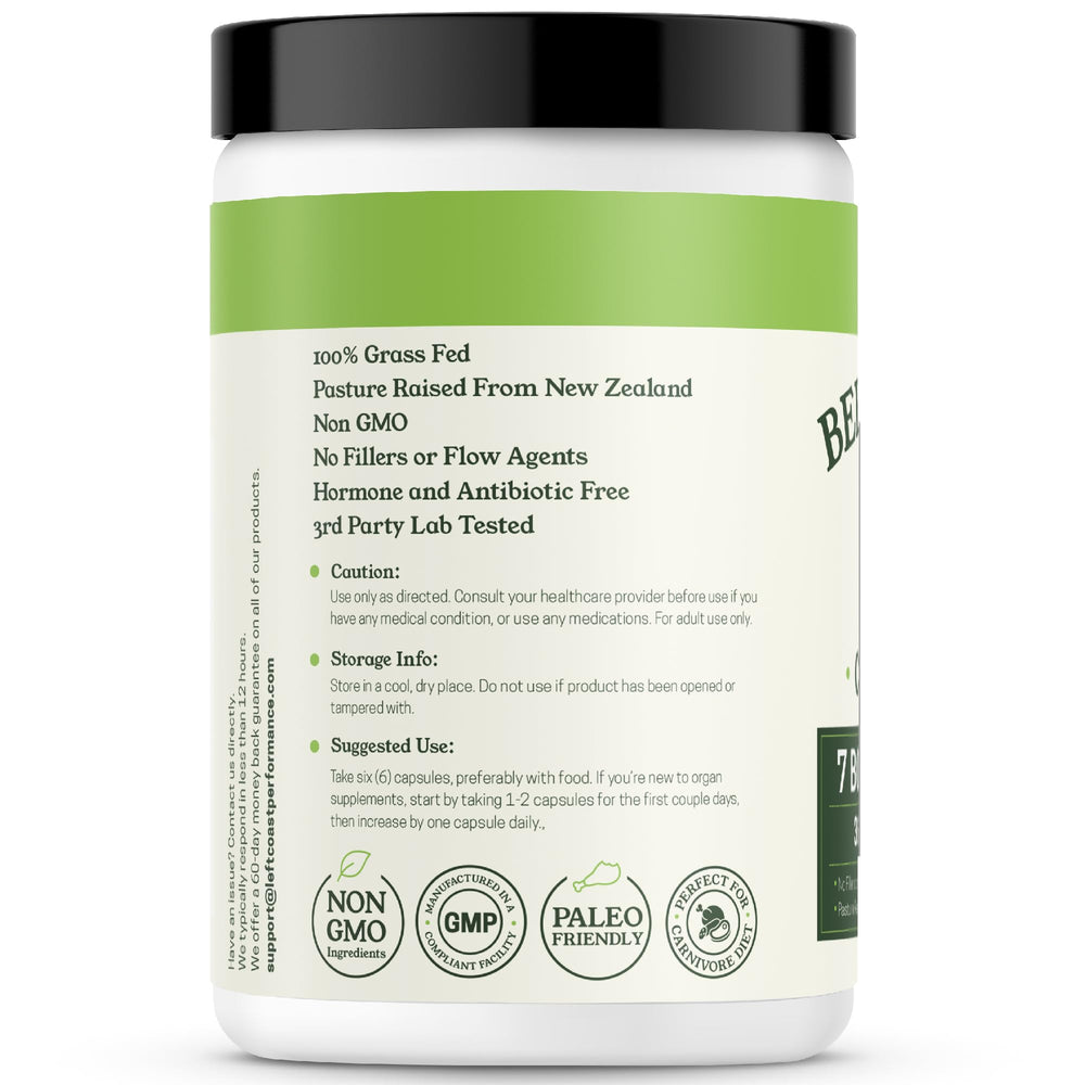 Left Coast Performance NZ-sourced seven-organs blend bottle communicates quality and variety.