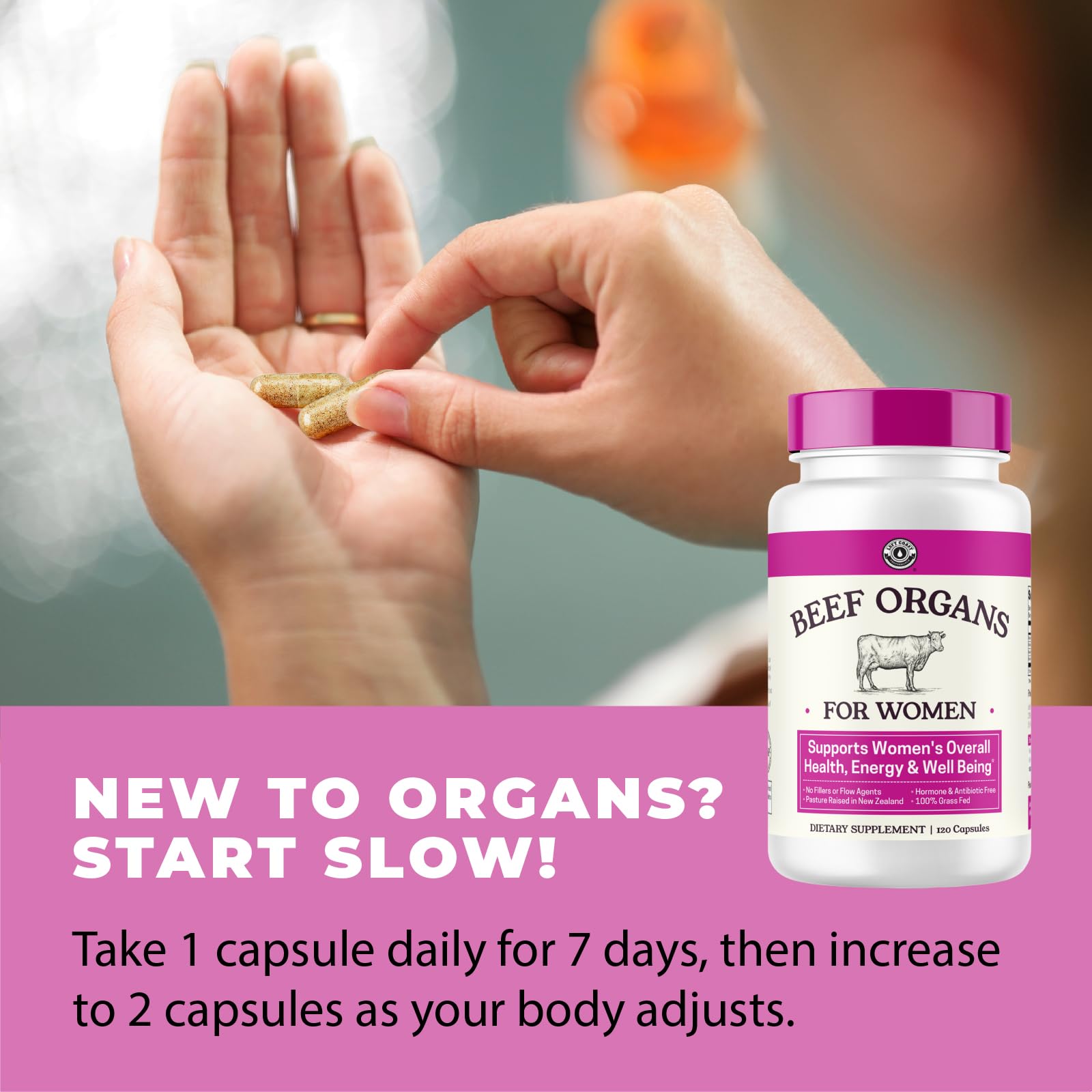 Capsules close-up of Left Coast Performance Beef Organs Women for vitality.