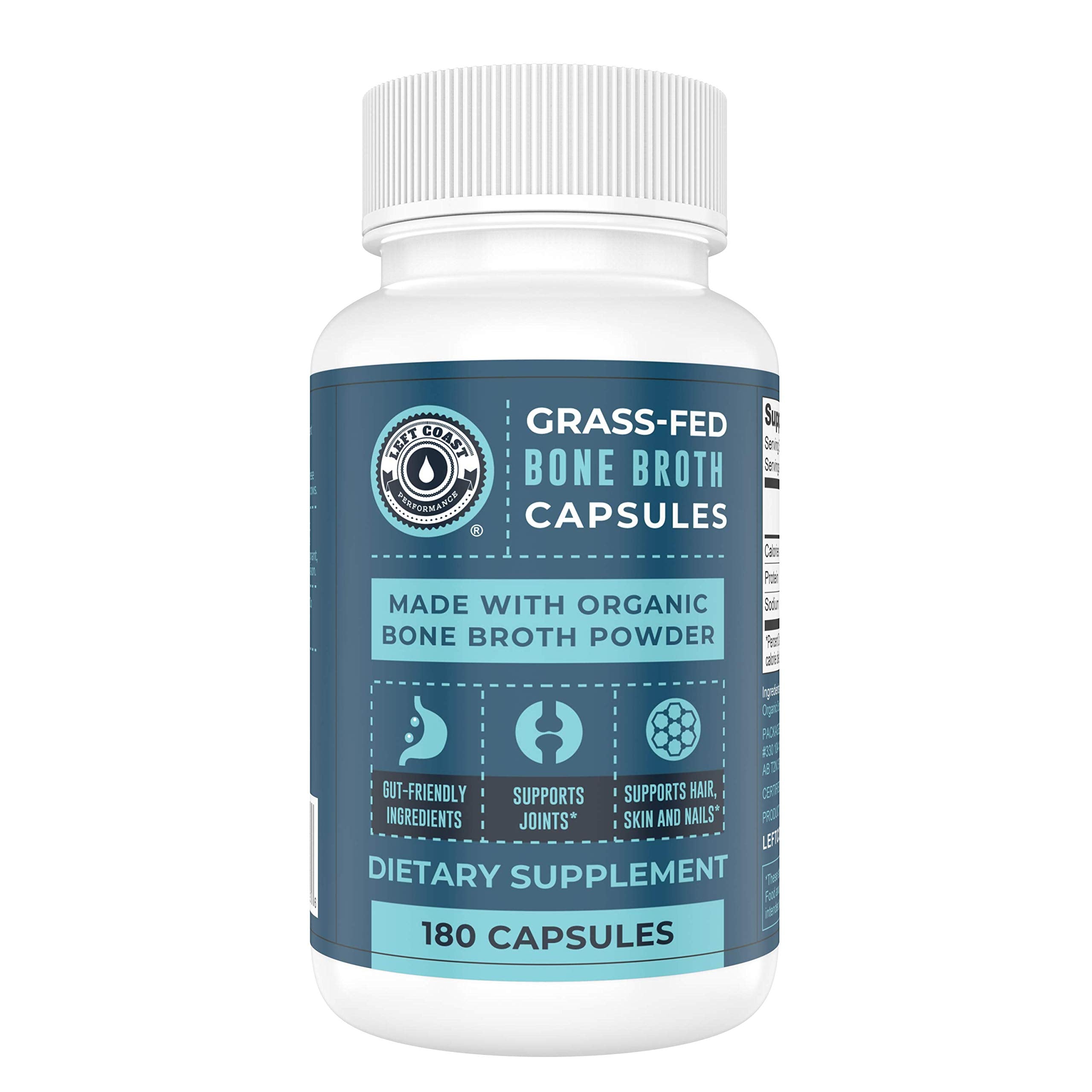 Left Coast Performance bone broth capsules label emphasizes organic ingredients for joint and gut support.