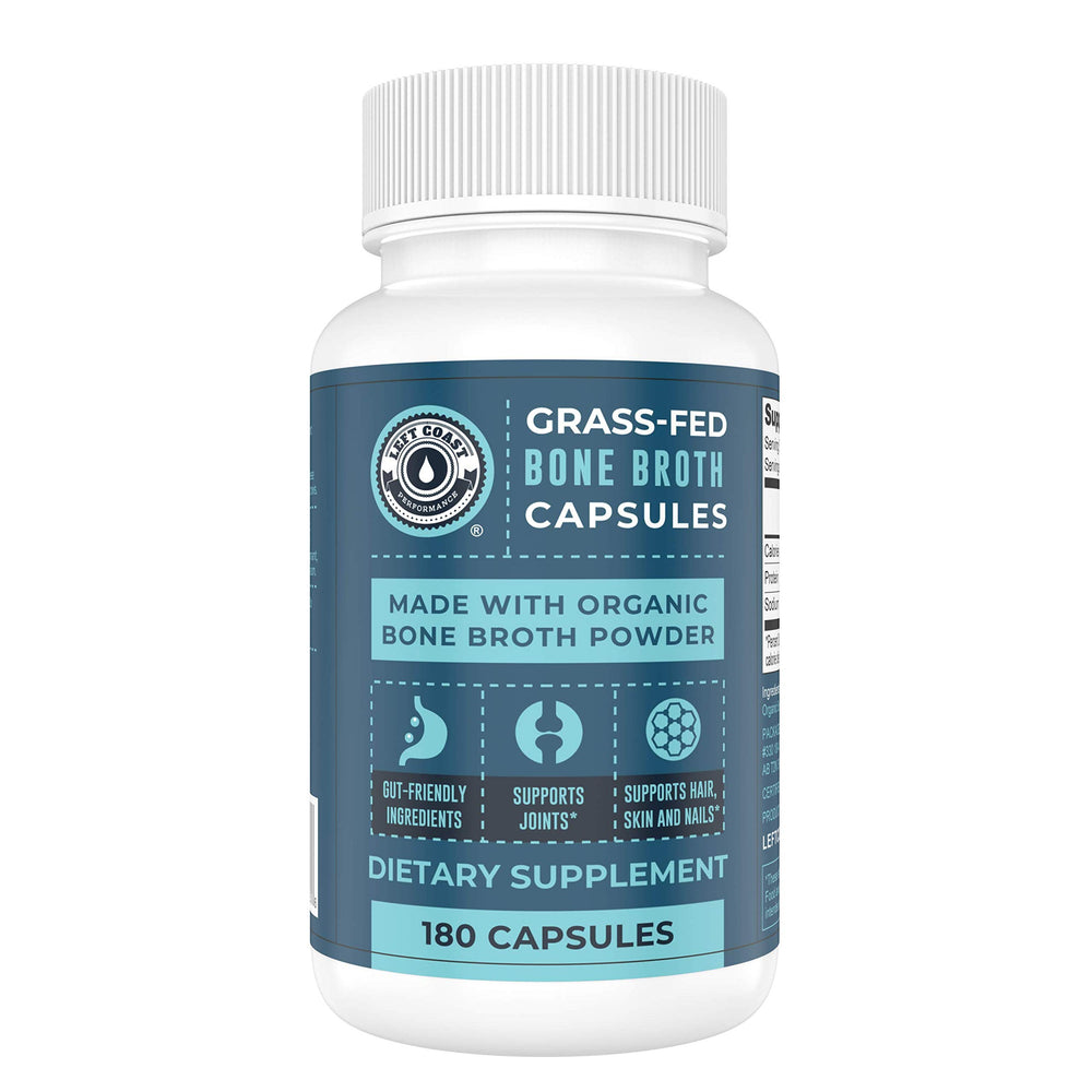 Left Coast Performance bone broth capsules label emphasizes organic ingredients for joint and gut support.