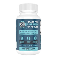 Left Coast Performance bone broth capsules label emphasizes organic ingredients for joint and gut support.