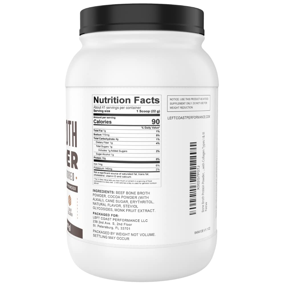 Left Coast Performance label closeup showing collagen-rich formula and dairy-free promise