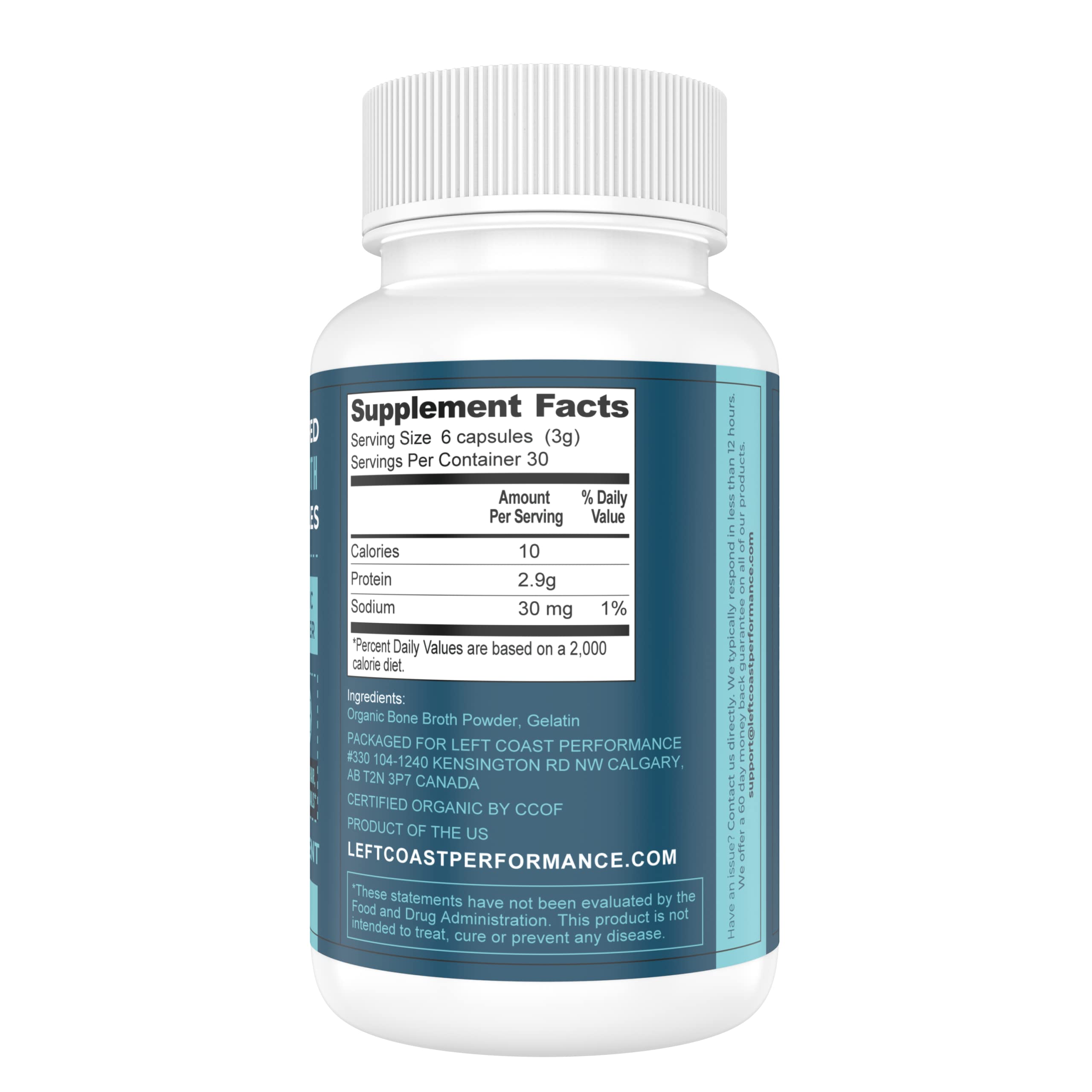 Left Coast Performance bottle packaging close-up highlights premium, organic bone broth product.