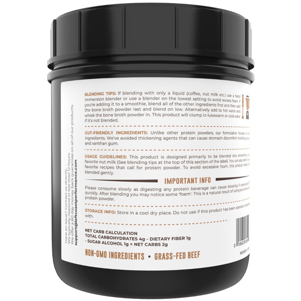 Close-up of Left Coast Performance chocolate bone broth powder texture for rich flavor.