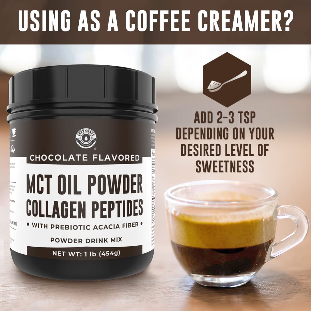 Left Coast Performance Chocolate MCT creamer in a coffee cup for creamy, sugar-free coffee.