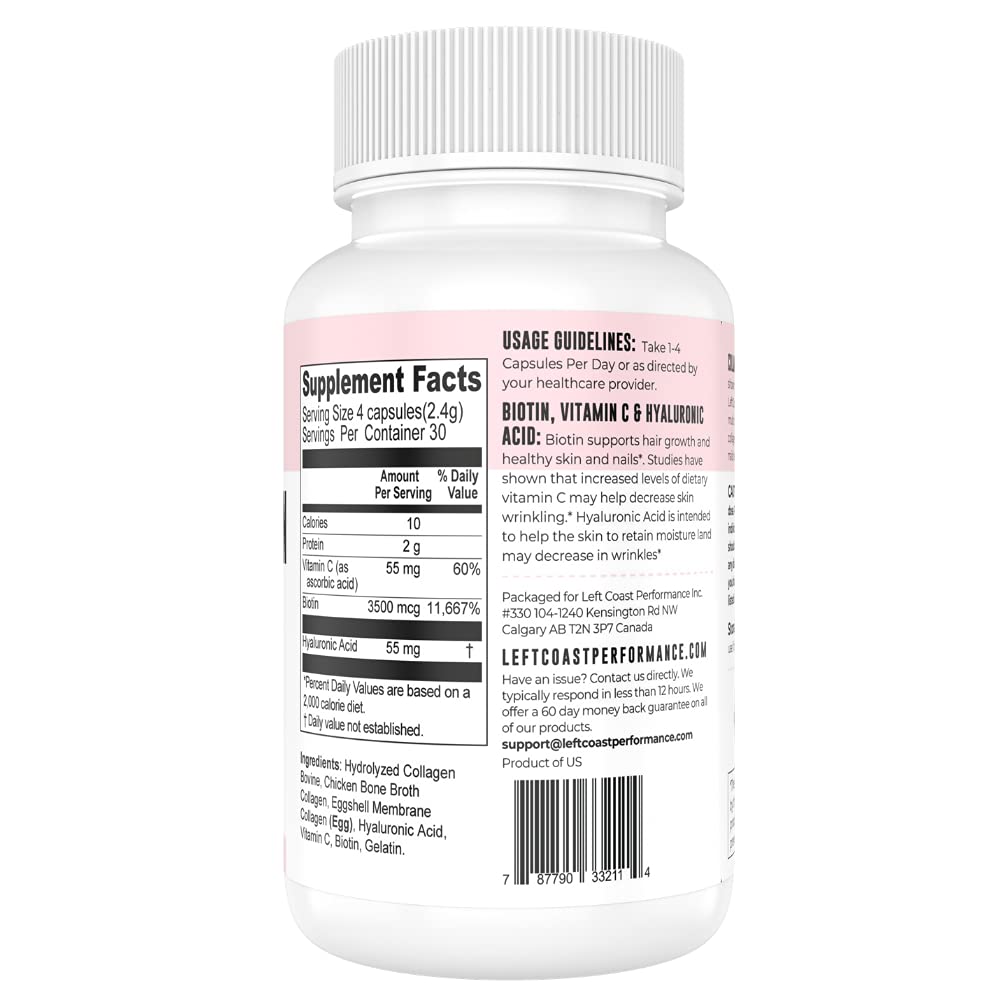 Left Coast Performance collagen bottle on kitchen counter with glass of water