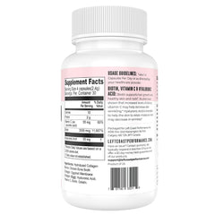 Left Coast Performance collagen bottle on kitchen counter with glass of water