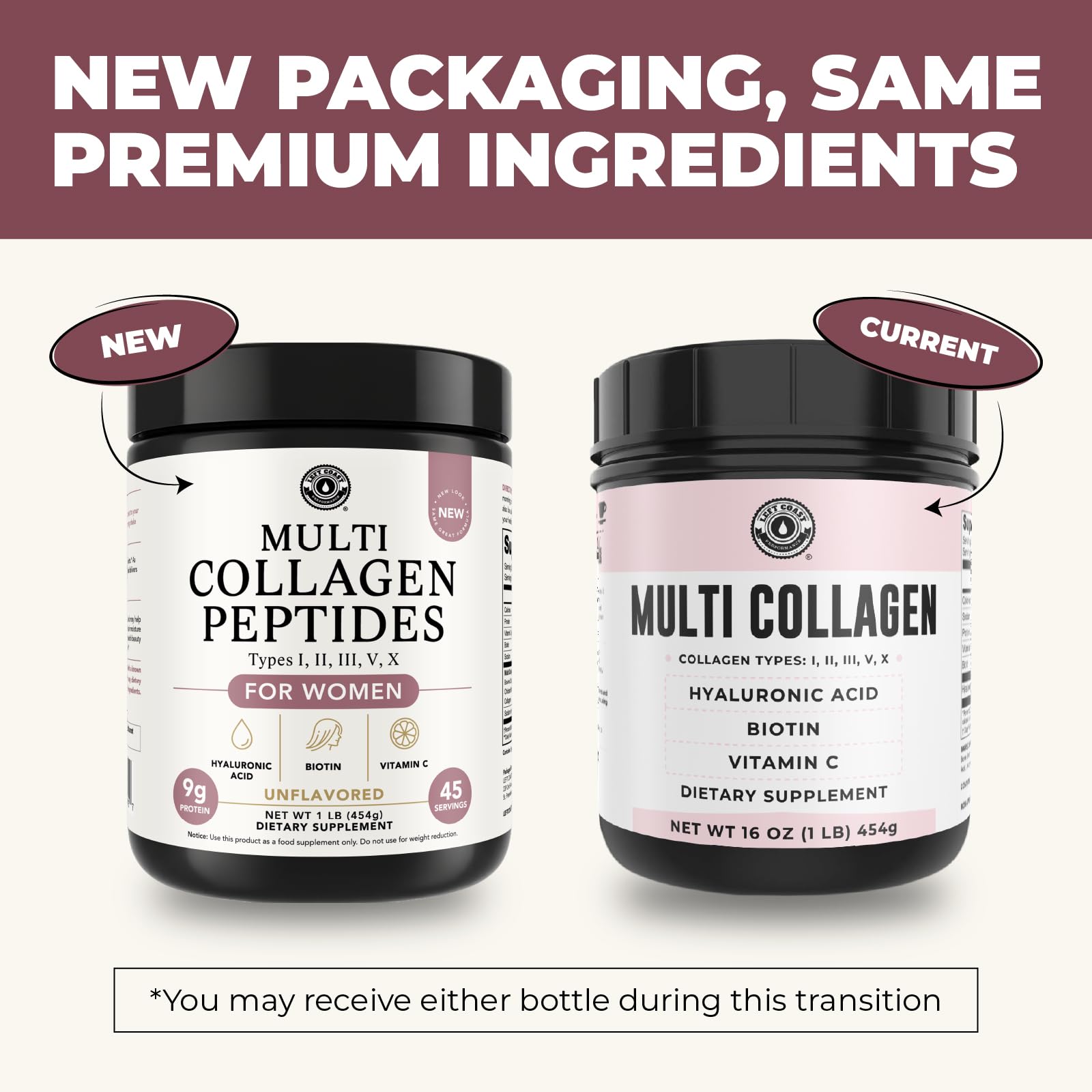 Left Coast Performance collagen scoop beside the jar, ready to mix into beverages.