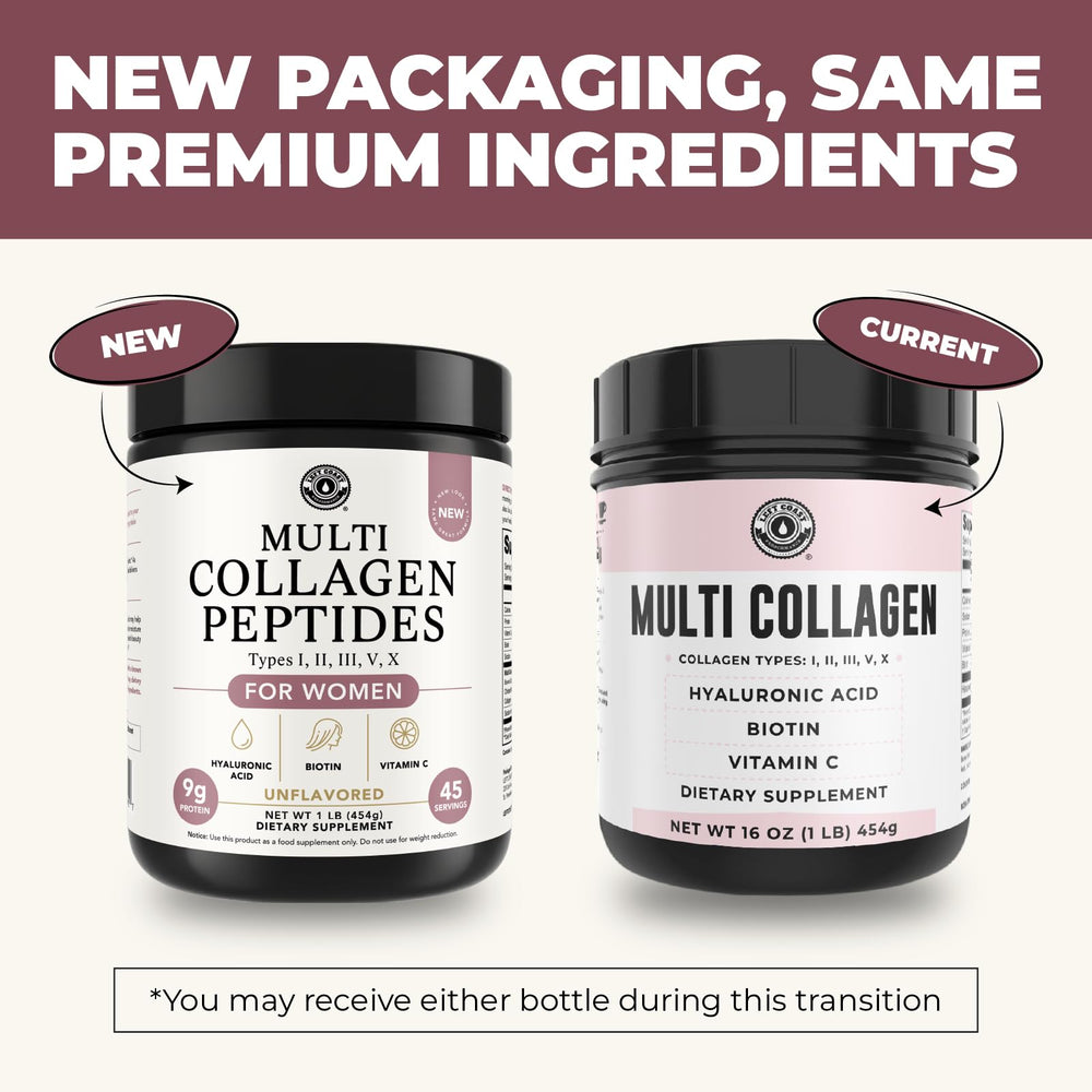 Left Coast Performance collagen scoop beside the jar, ready to mix into beverages.