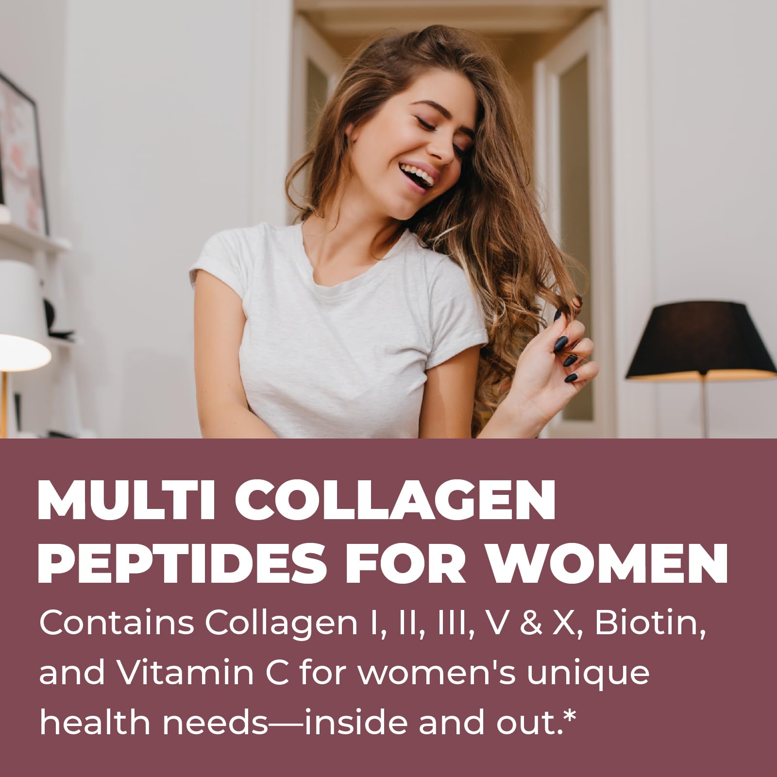 Ingredient panel highlighting Biotin, Vitamin C, and Hyaluronic Acid.