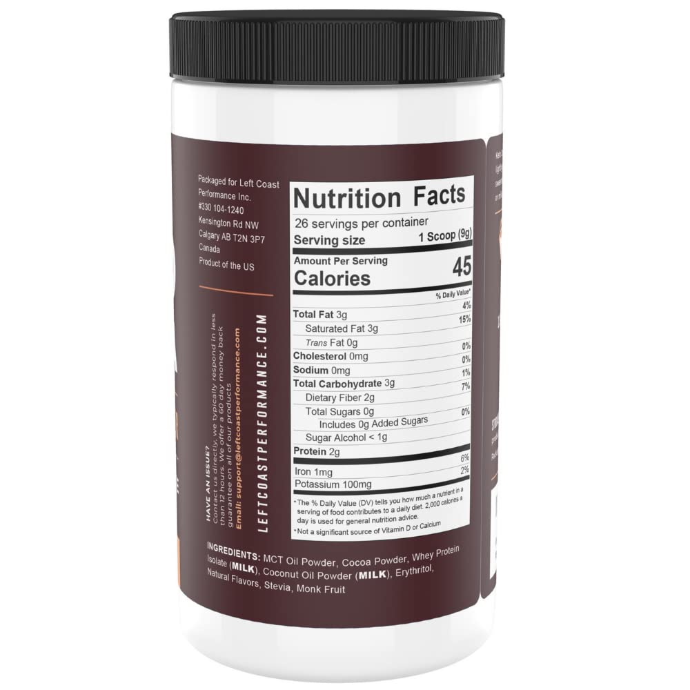 Left Coast Performance Keto Cocoa mug with steam, emphasizing low-carb indulgence.