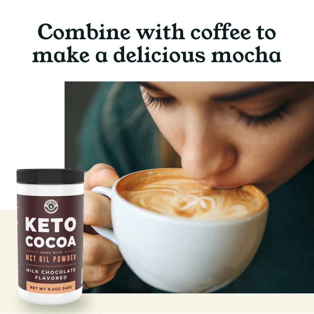 Left Coast Performance Keto Cocoa scoop with ingredients list, hinting at a rich, satisfying cup.