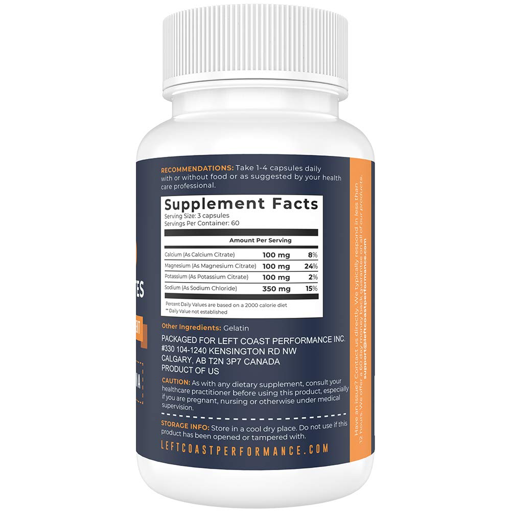 Left Coast Performance Keto Electrolyte supplement label close-up highlighting minerals like magnesium and potassium