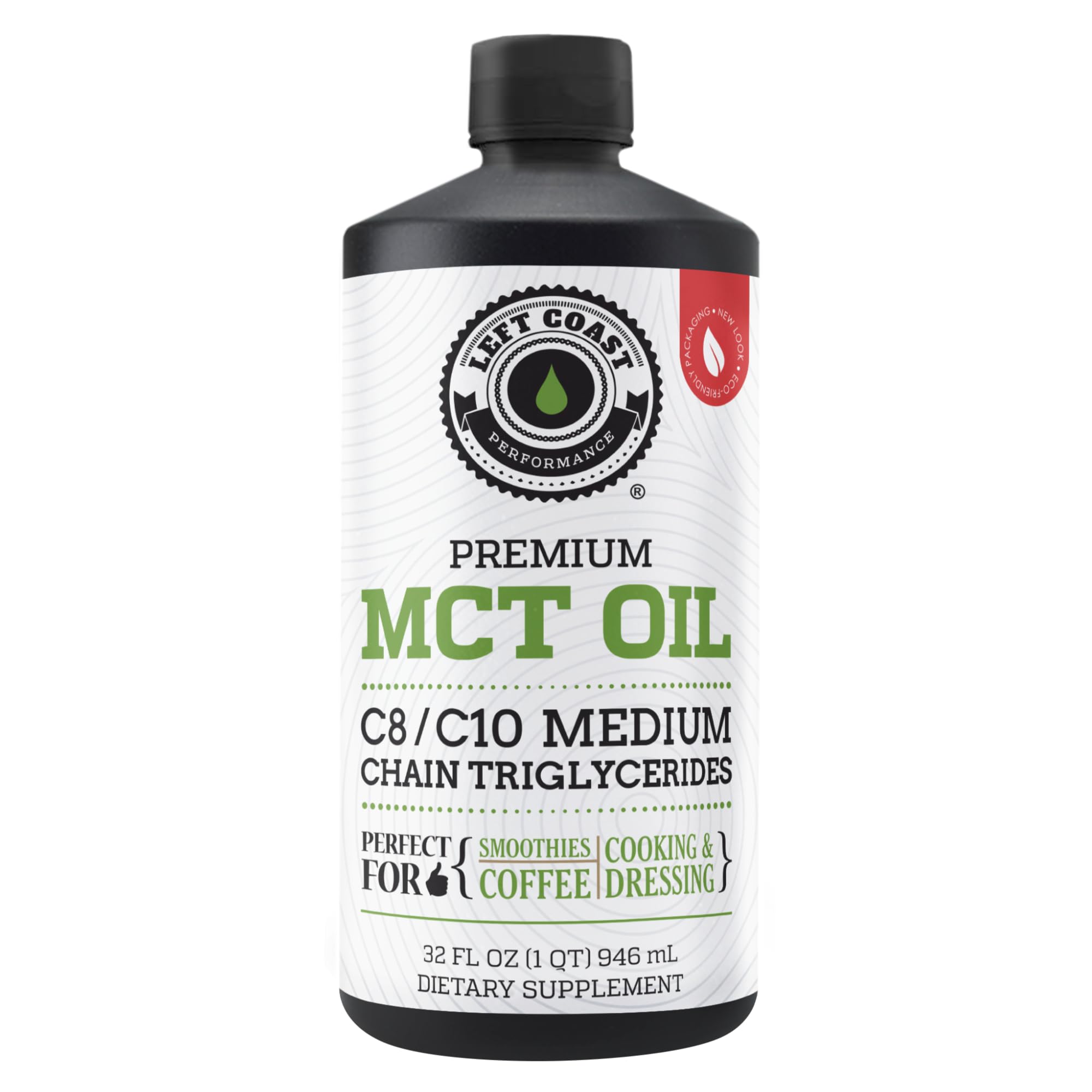 Left Coast Performance MCT Oil bottle pour for quick energy in drinks