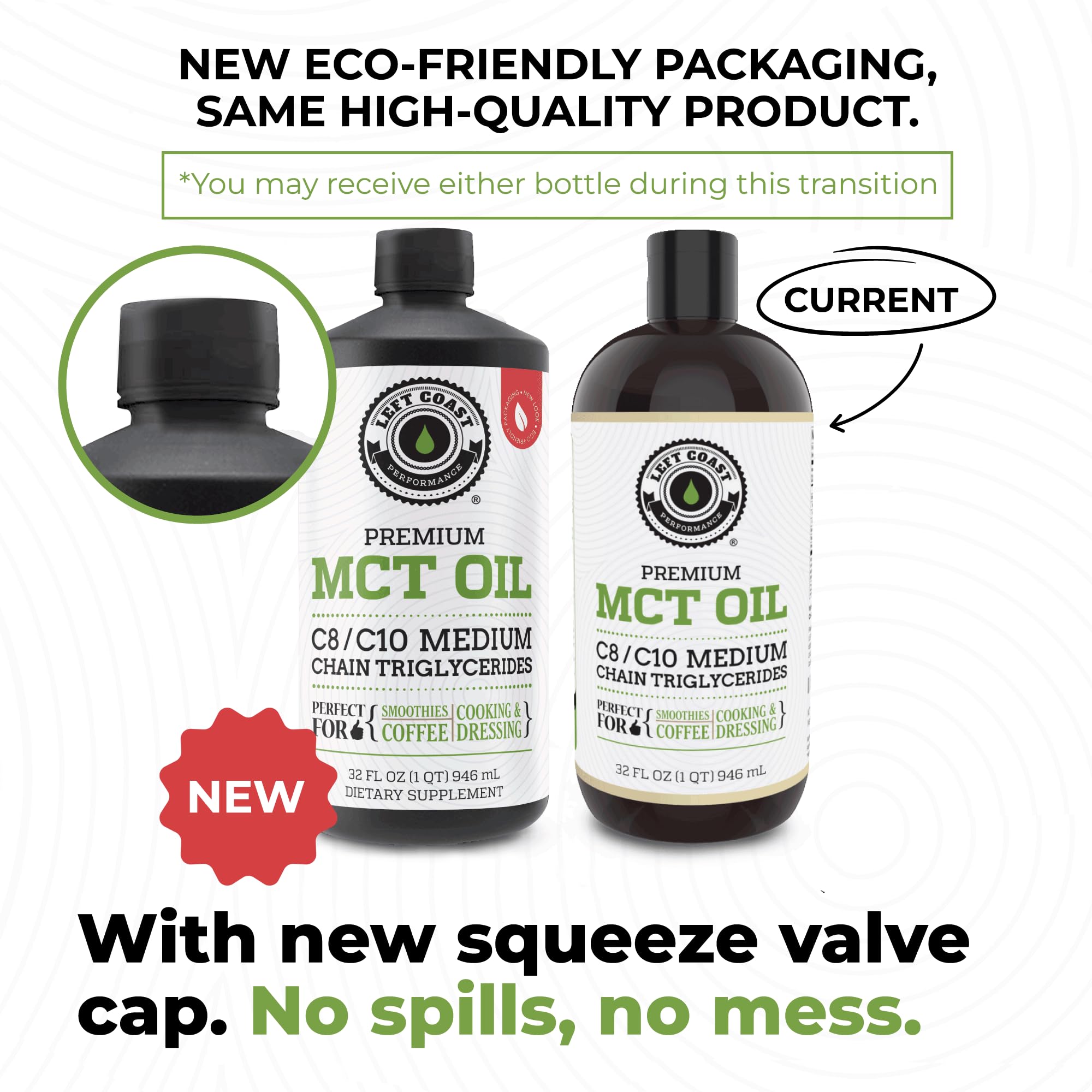 Left Coast Performance MCT Oil ingredients label shows C8 and C10 content