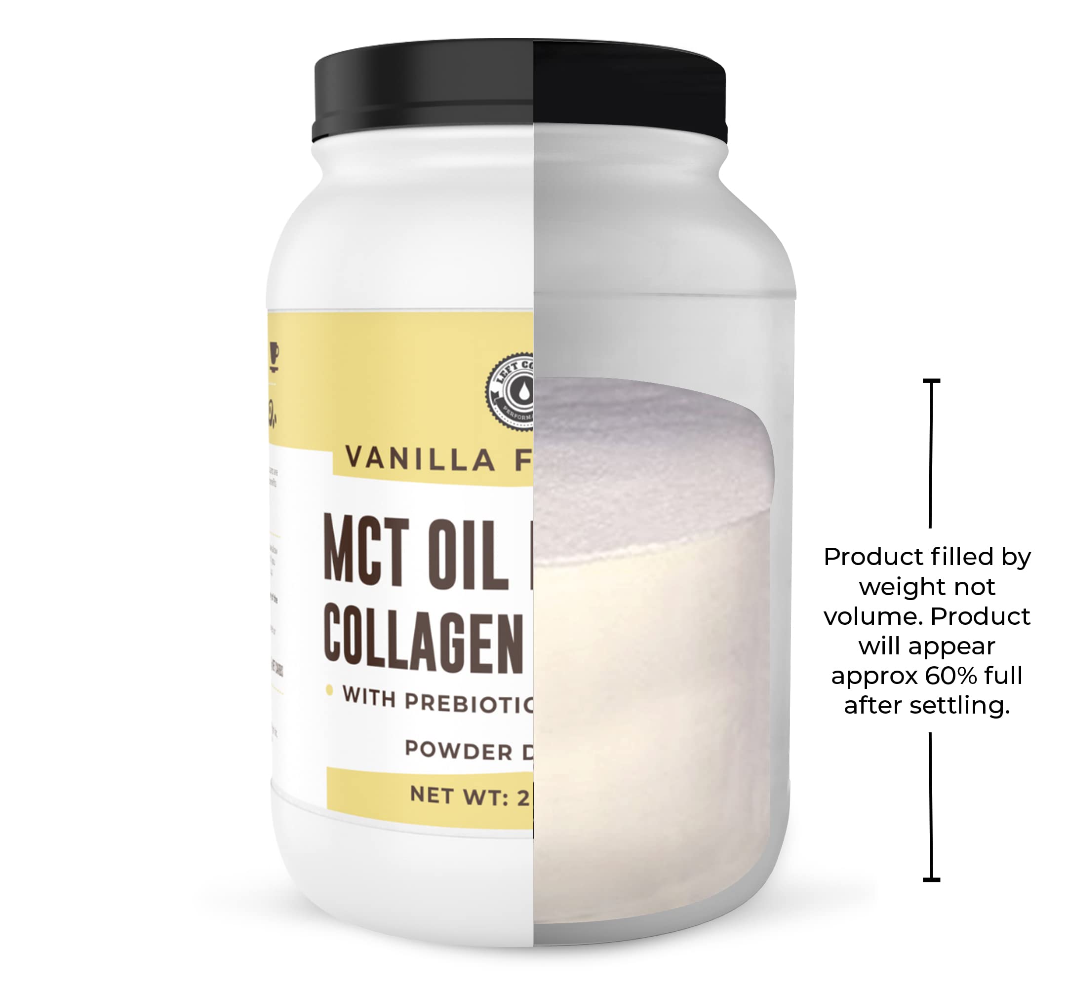 Left Coast Performance MCT Oil Powder bottle label conveys grass-fed collagen and quality