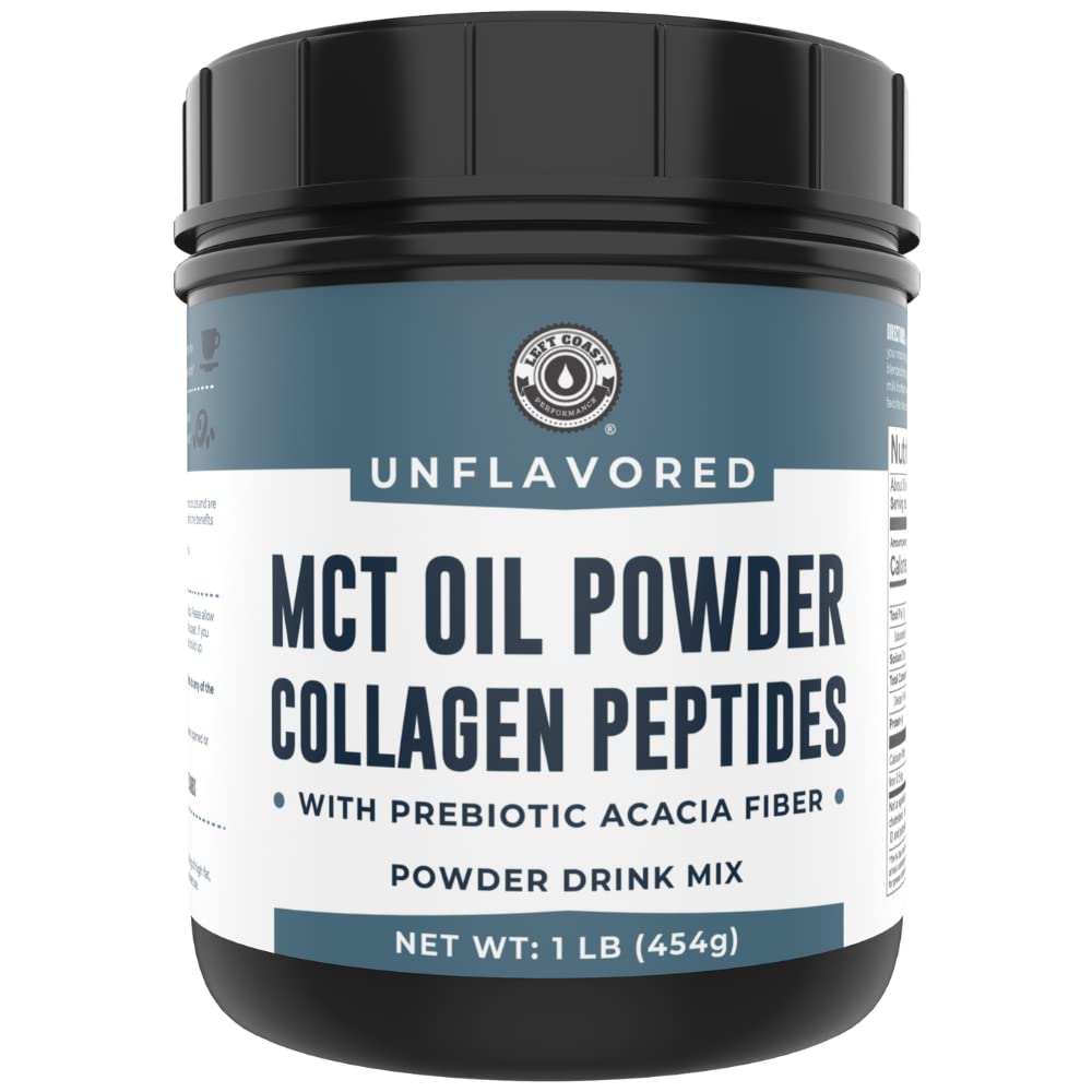 Left Coast Performance MCT Oil Powder bottle shown for keto-friendly shakes and coffee.
