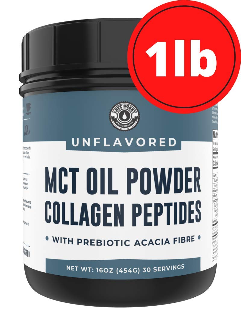 Left Coast Performance MCT Oil Powder ingredients panel highlights grass-fed collagen.