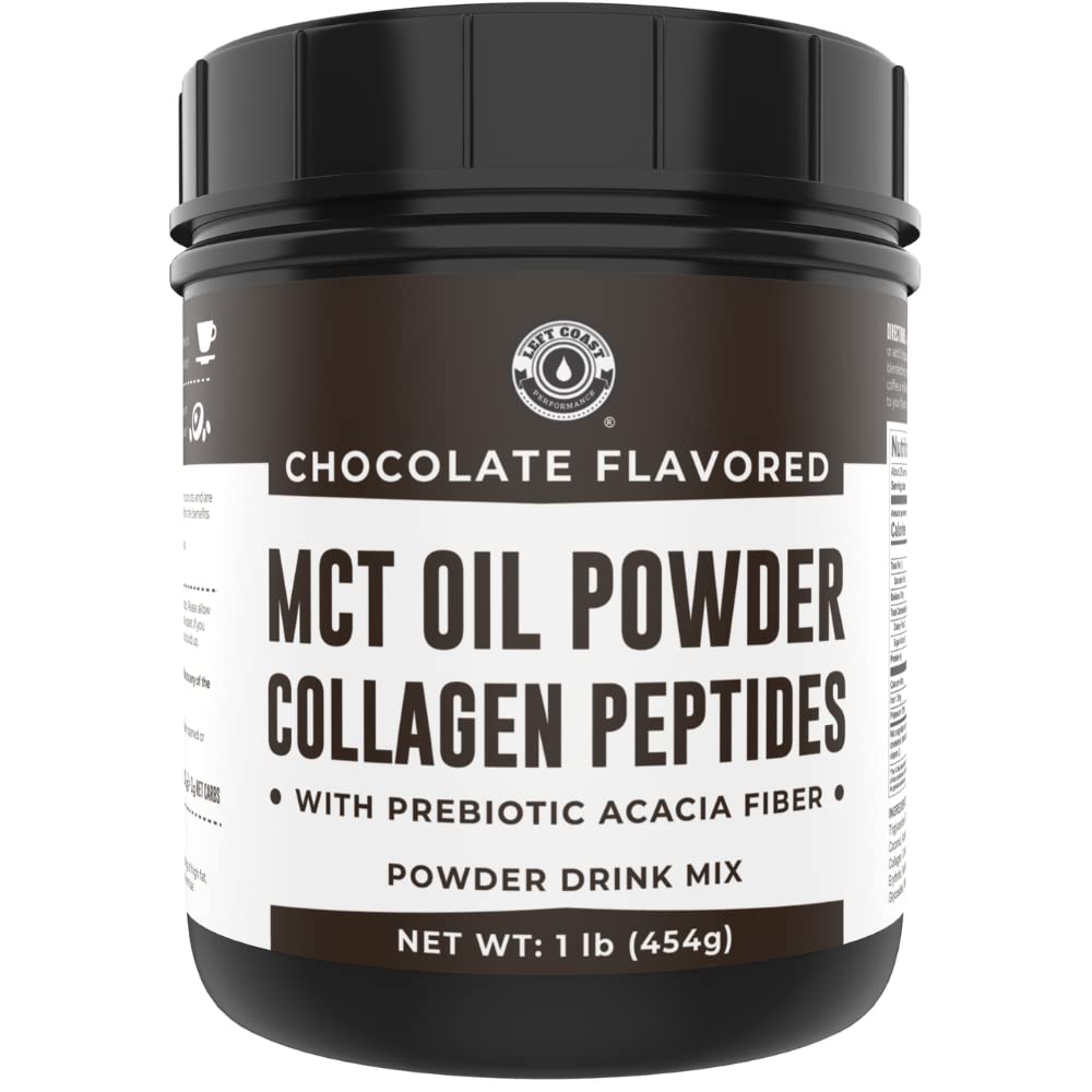 Left Coast Performance MCT Oil Powder jar for creamy, sugar-free keto creamer.