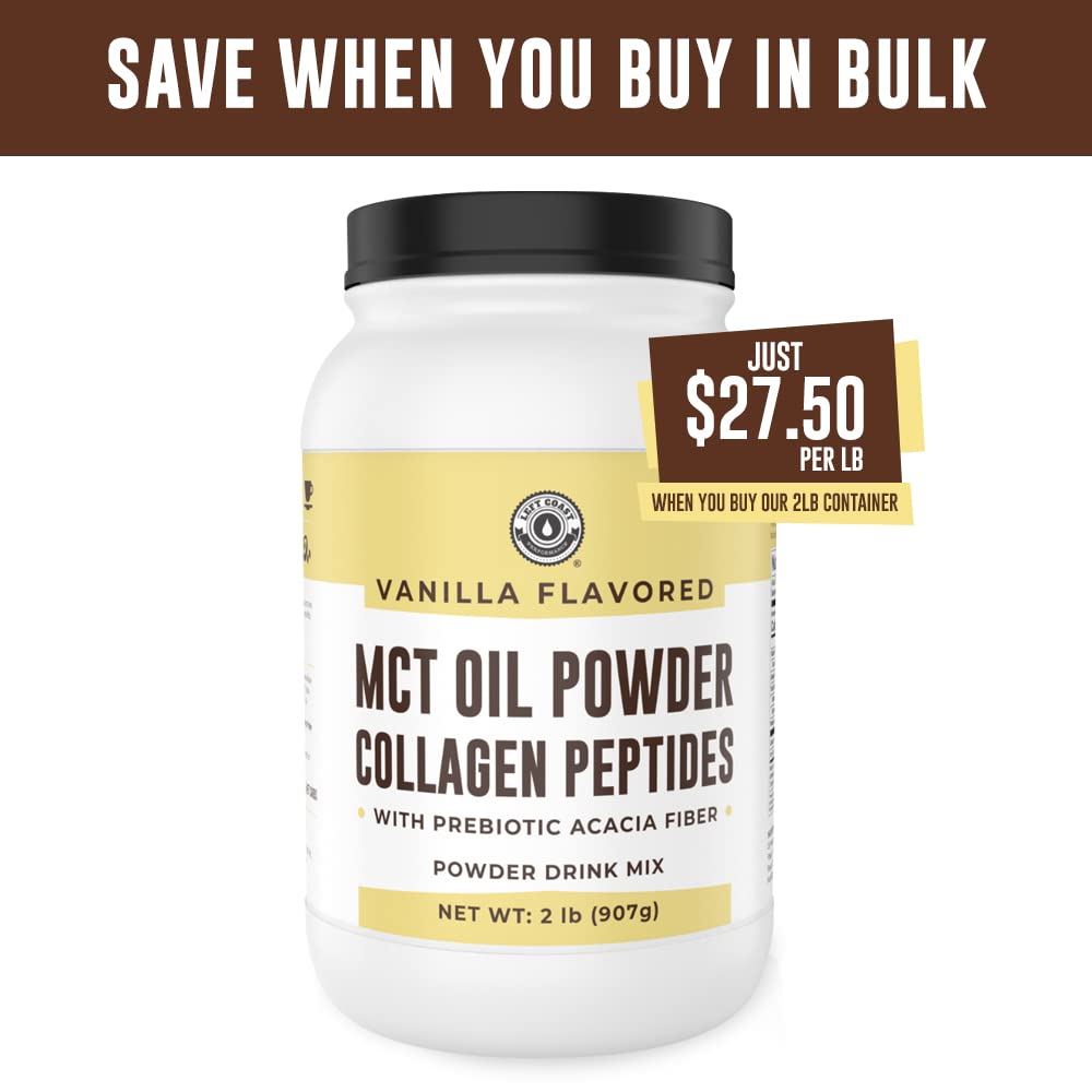 Left Coast Performance MCT Oil Powder keto coffee creamer pour shows dairy-free indulgence