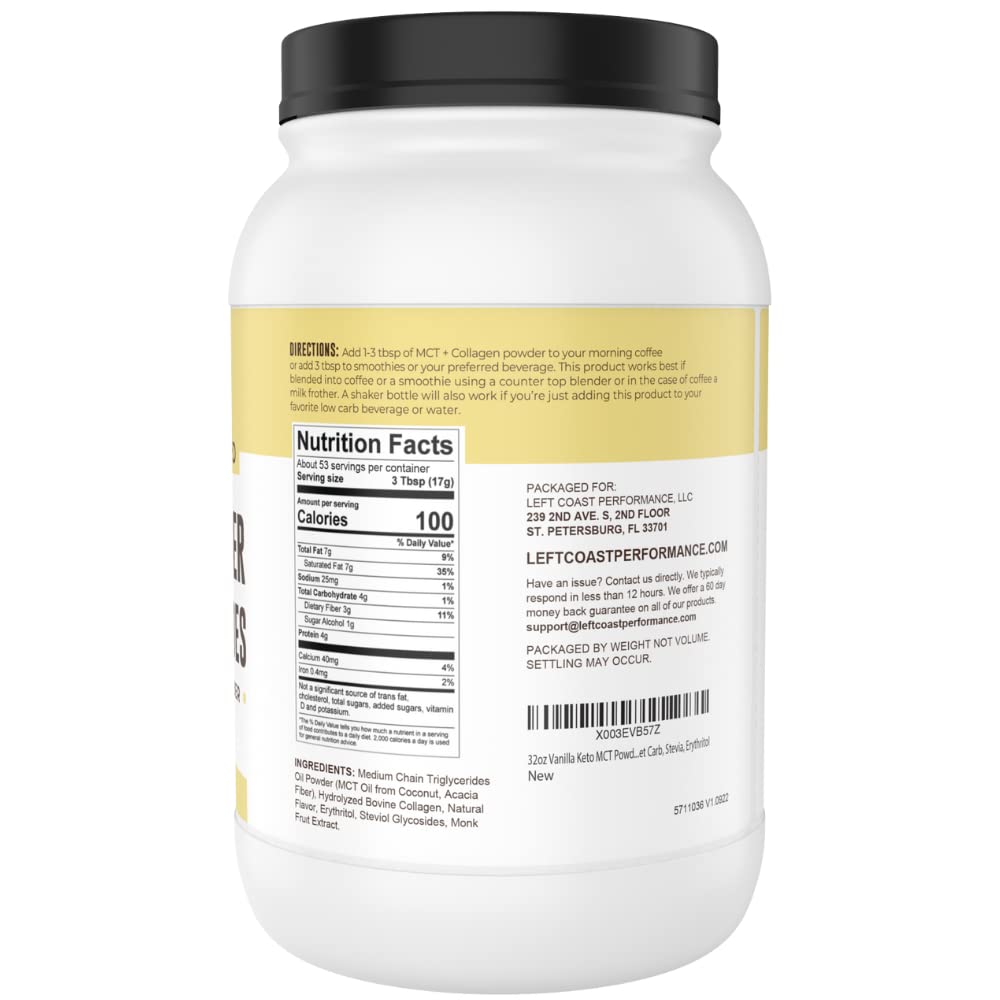 Left Coast Performance MCT Oil Powder scoop in cup demonstrates quick, steady energy