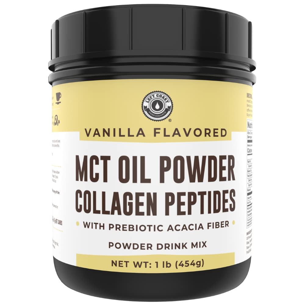 Left Coast Performance MCT oil powder vanilla tub delivers clean energy for mornings.