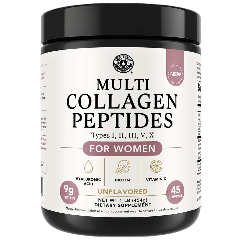 Left Coast Performance multi-collagen bottle on a clean counter for daily beauty and joint support.