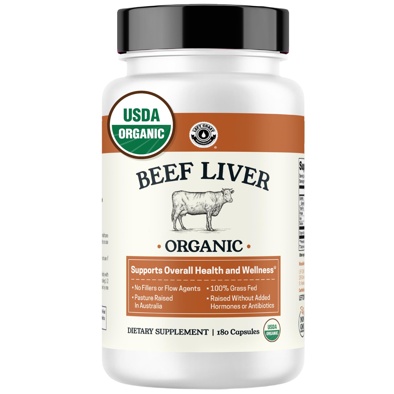 Left Coast Performance beef liver capsules packaging highlights premium grass-fed source for natural energy support.