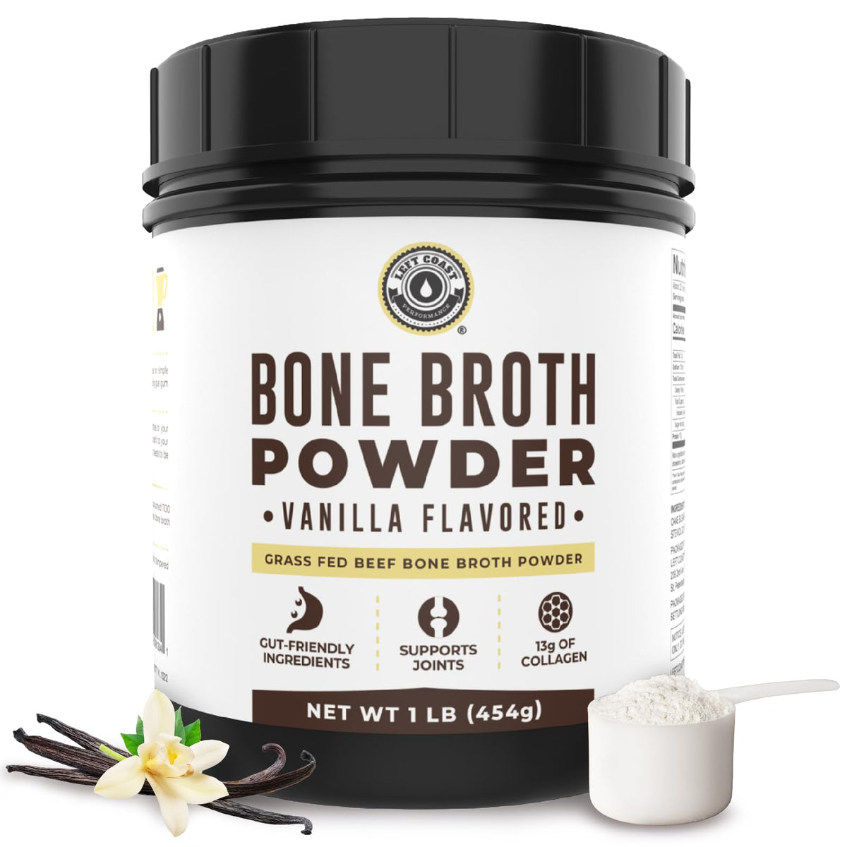 Left Coast Performance vanilla bone broth powder bottle with 16 oz for shakes and smoothies.
