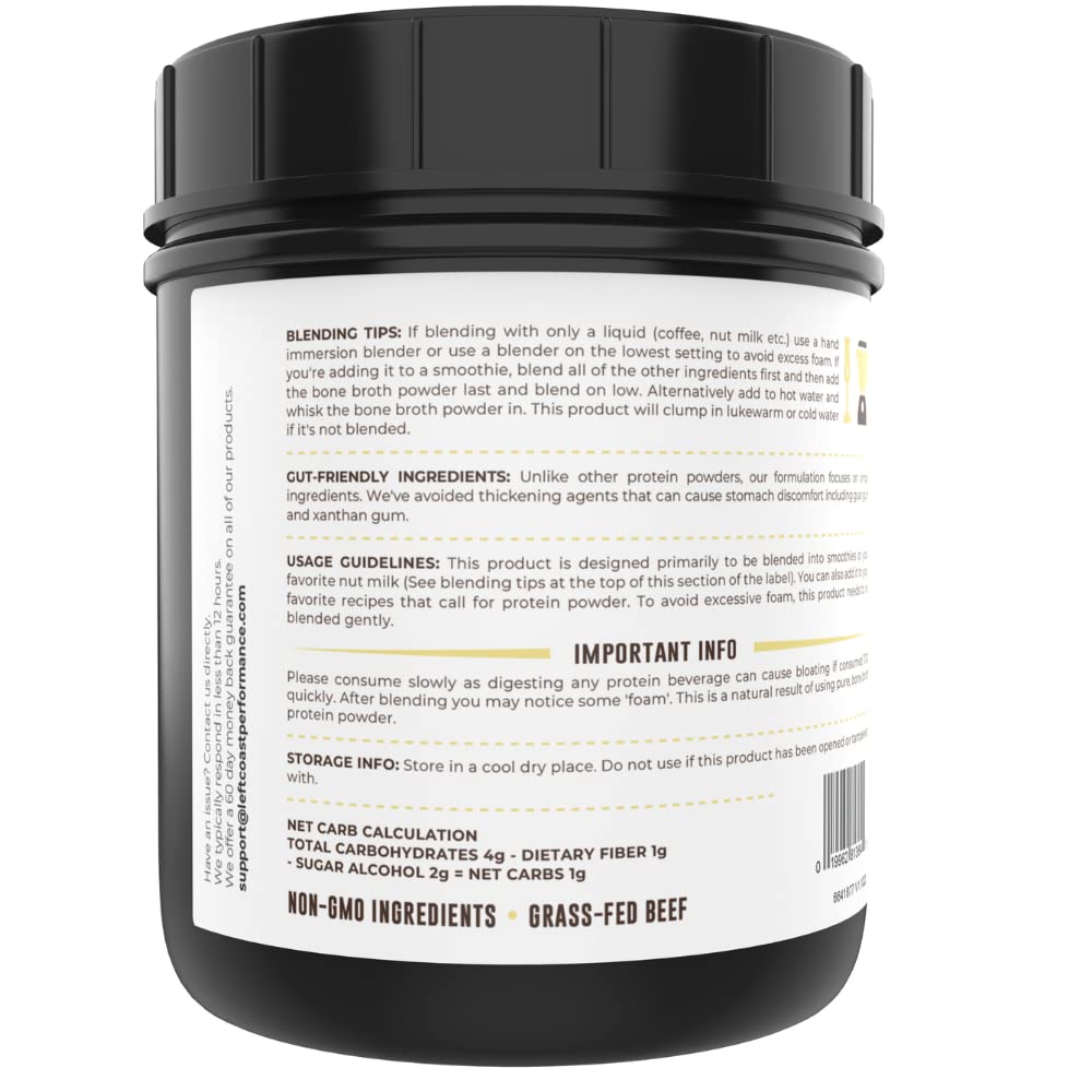Left Coast Performance vanilla bone broth powder label close-up highlighting grass-fed ingredients.