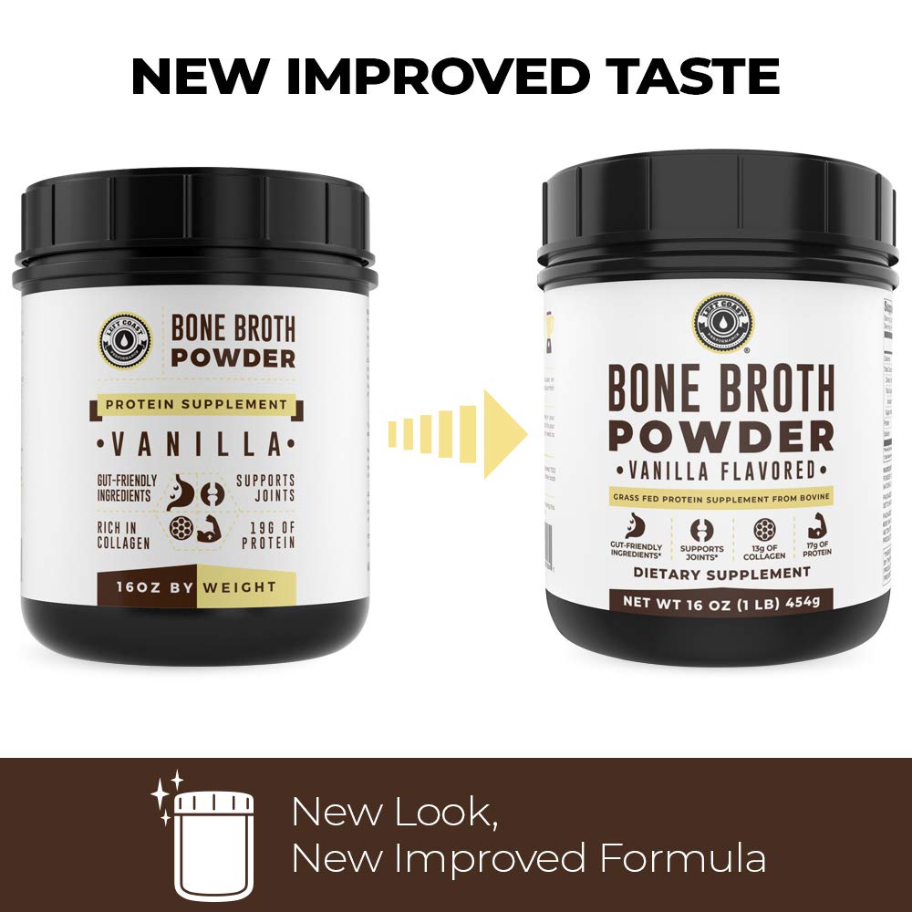 Left Coast Performance vanilla bone broth powder open jar with scoop for quick protein boost.