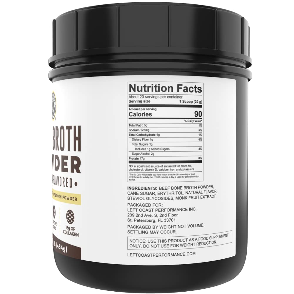 Left Coast Performance vanilla bone broth powder scoop close-up for easy serving.