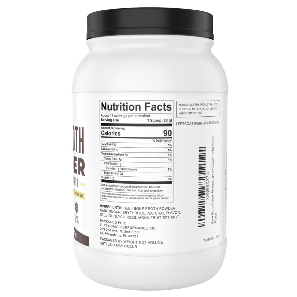 Left Coast Performance vanilla bone broth powder scoop highlighting low net carbs for keto use.