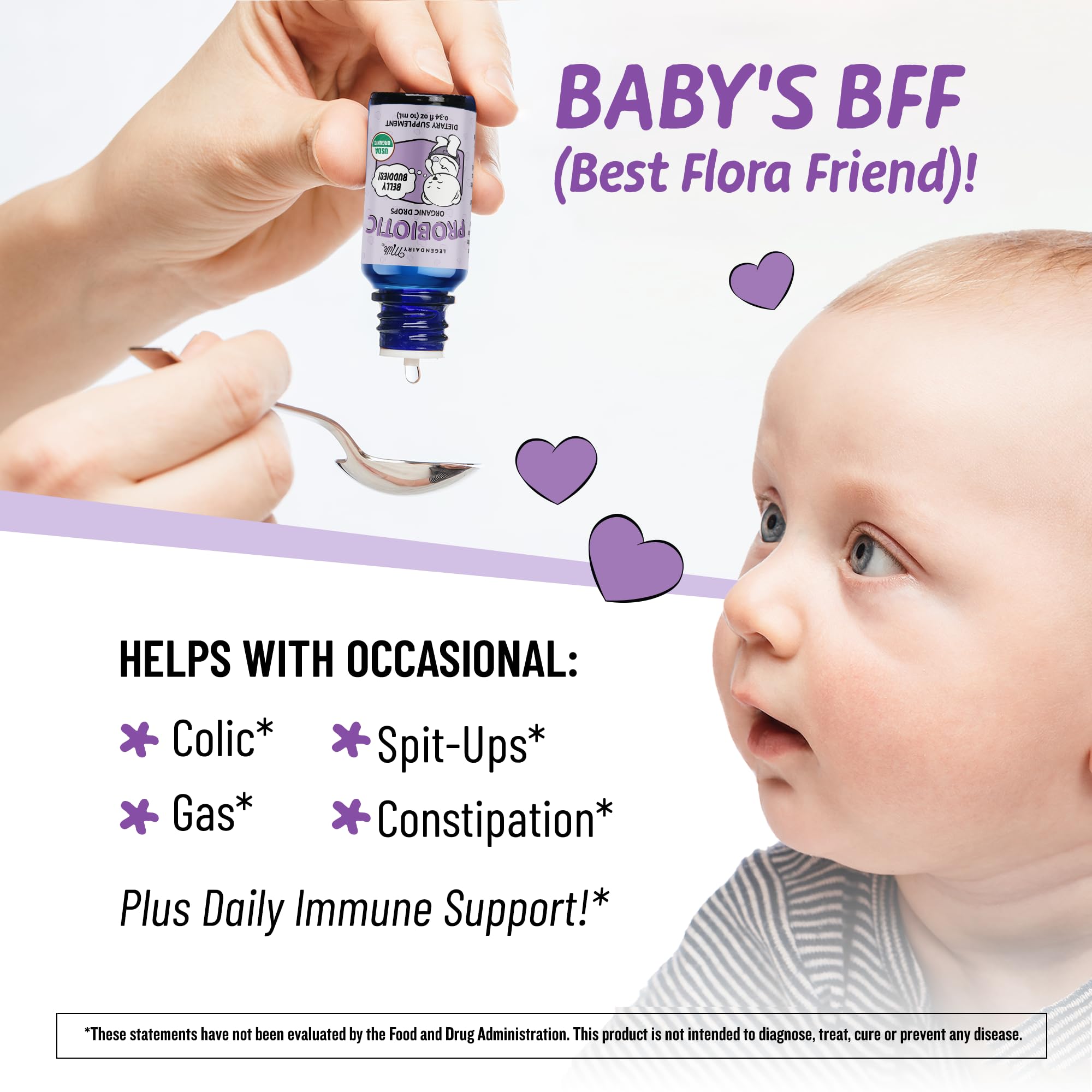 Legendairy Milk Baby Probiotic Drops ingredients close-up showing four probiotic strains.