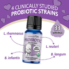 Legendairy Milk Baby Probiotic Drops organic label highlights vegan, non-GMO features.
