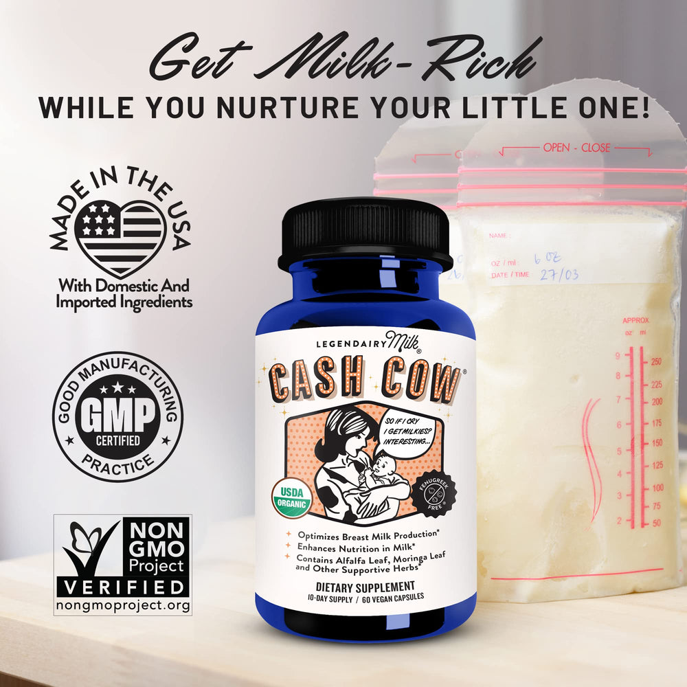 Legendairy Milk Cash Cow capsules closeup highlights fenugreek-free formula for moms seeking lactation support.