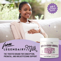 Legendairy Milk fertility support packaging on countertop with soft lighting.