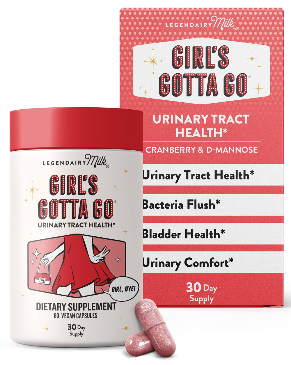 Legendairy Milk Girl’s Gotta Go bottle close-up showing sugar-free cranberry and D-Mannose support