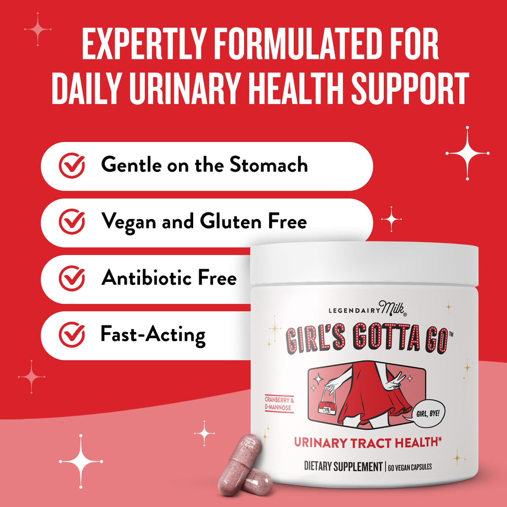 Hands holding Legendairy Milk Girl’s Gotta Go bottle showing easy two-capsule daily dose