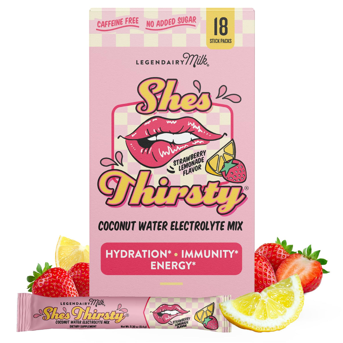 Legendairy Milk She's Thirsty strawberry lemonade packet closeup for on-the-go hydration