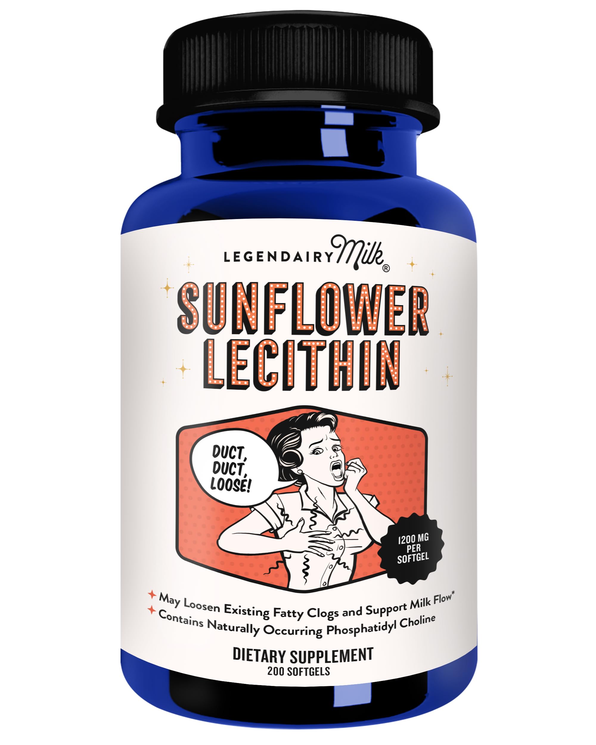 Legendairy Milk Sunflower Lecithin 1200mg bottle pour supports convenient dosing for potential milk flow