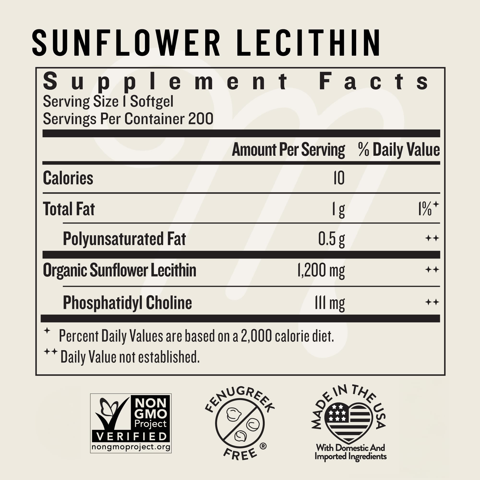 Legendairy Milk Sunflower Lecithin label details highlight Non-GMO verification and fenugreek-free formulation