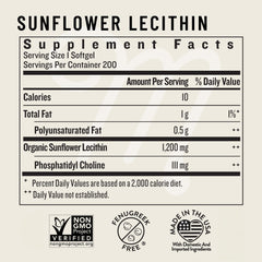 Legendairy Milk Sunflower Lecithin label details highlight Non-GMO verification and fenugreek-free formulation