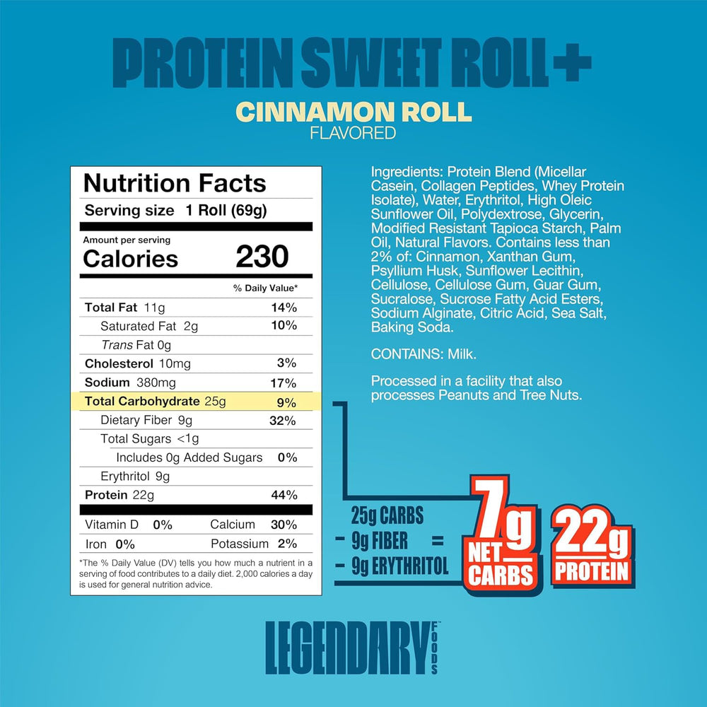 Legendary Foods Cinnamon Roll bar close-up texture, creamy and chewy bite.