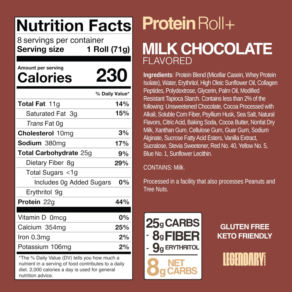 Legendary Foods Cinnamon Roll 22g bar on wood board, satisfying post-workout treat.