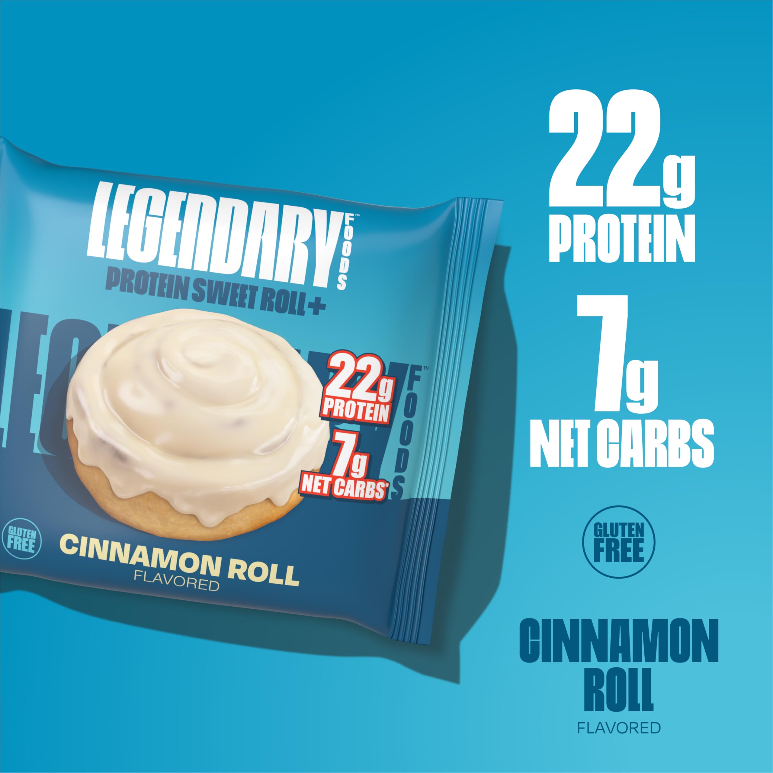 Legendary Foods Cinnamon Roll bar packaging, convenient 10-pack for on-the-go fueling.