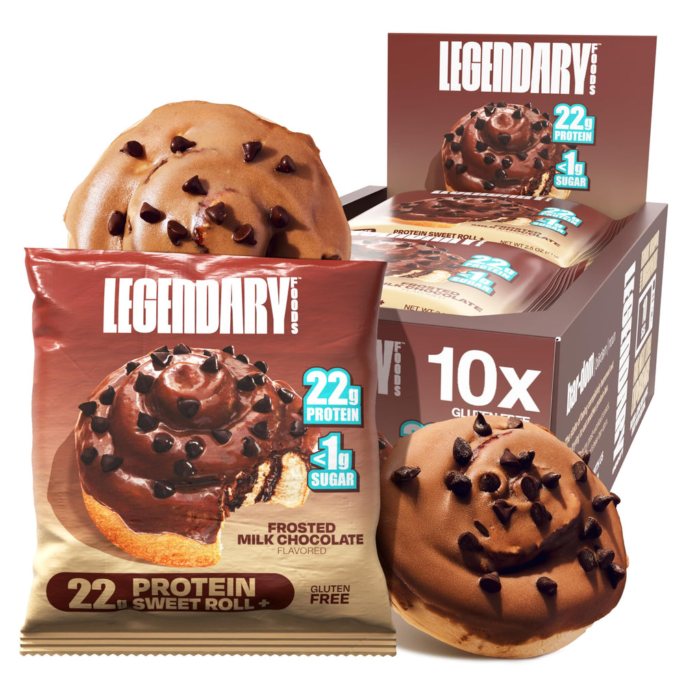 Legendary Foods Cinnamon Roll 22g bar, wrapped, convenient on-the-go protein snack.